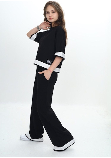 Kız Çocuk %100 Pamuk Kısa Kollu Garnili Truvakar Kol 2 İplik Alt&üst Eşofman Takımı-285-eşt-0011 Siyah