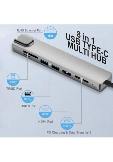 8-in-1 Type-c Çoklu Hub Adaptör Dönüştürücü Hdmı 4k, Usb 3.0, Sd/tf Kart Okuyucu, Pd Şarj, Rj45 Ethernet Laptop Ve Tablet Uyumlu