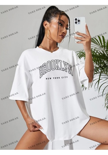Adrift Brooklyn Baskılı Oversize Kalıp Unisex T-shirt Beyaz