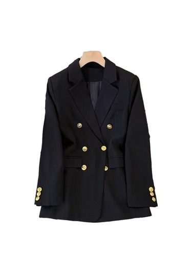 Kadın Blazer Ol Tarzı İşe Gidip Gevşek Düz Renk Kruvaze Uzun Kollu Yaka Çentik Yaka Cepler Resmi İş Ceket Siyah