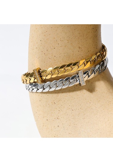 Gümüş Eetit Yüksek Kalite 18 K Altın Kaplama Küba Zincir Paslanmaz Çelik Bilezik Bileklik Zirkon Bildirimi Şık Moda Su Geçirmez Takı Gümüş