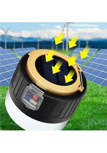 G-300W Kamp Lambası Solar Güneş Enerjili Led Şarjlı El Feneri Siyah