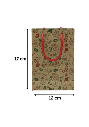Yılbaşı Desenli Kraft Karton Çanta Seti - 6lı, Kırmızı Saplı Parti, Noel, Hediye Çantası, 12x17 Cm Standart