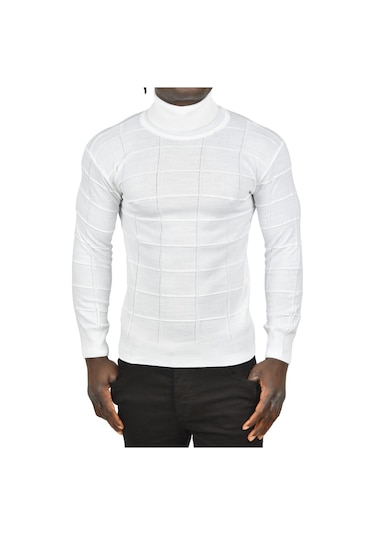 Deepsea Erkek Beyaz Kare Desenli Balıkçı Yaka Slim Fit Boğazlı Triko Kazak 2505493 Beyaz