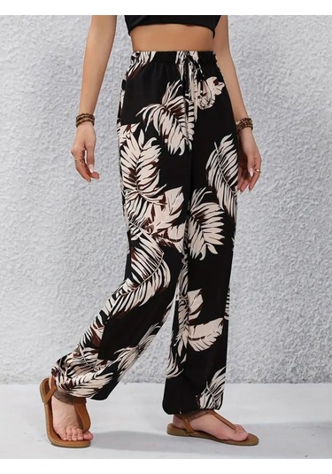 Gülsüm Aydın Kadın Yüksek Bel Bağcıklı Yaprak Desenli Süprem Pantolon Çok Renkli