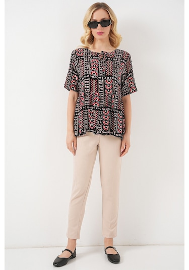 Kadın Desenli Kısa Kol Bluz 969 - Siyah Siyah