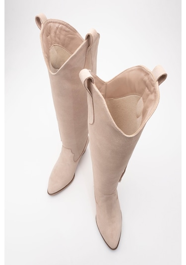 Rios Bej Hakiki Deri Süet Püsküllü Kadın Kalın Topuklu Çizme Bej Süet