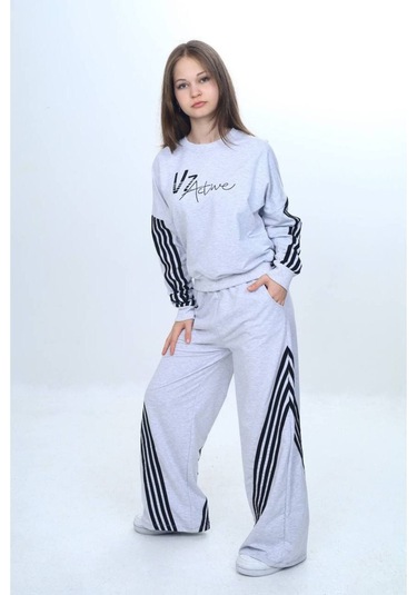 Kız Çocuk %100 Pamuk Şeritli Oversize 2 İplik Alt&üst Eşofman Takımı-305-eşt-0009 Gri