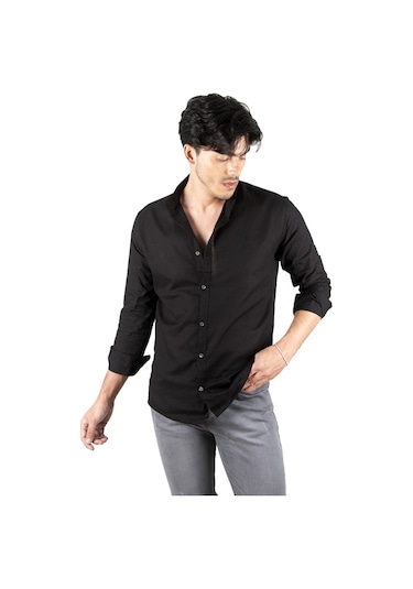 Deepsea Erkek Siyah Hakim Yaka Flamlı Keten Gömlek Siyah