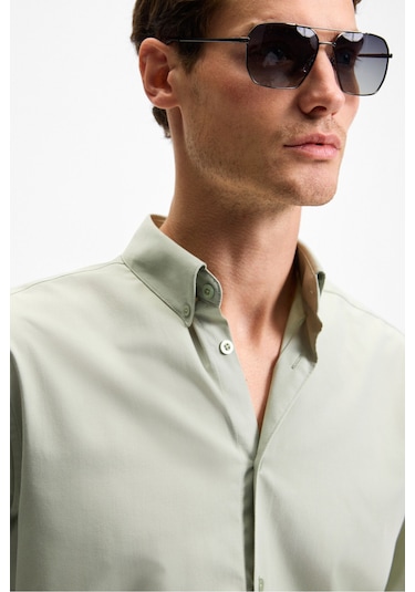 RISTO Erkek Düğmeli Yıkama Sonrası Ütü İhtiyacını En Aza İndiren Kumaş Gömlek Yaka Manşetli Yeşil Gö