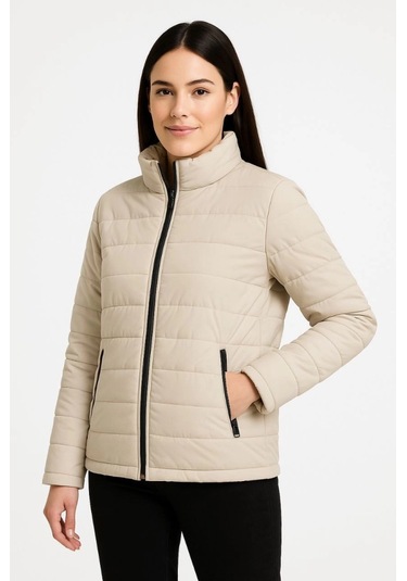 Bomber Mont Ceket Su İtici Kumaş, Kapitone Astarlı, Fermuarlı, Kışlık - Bej Bej