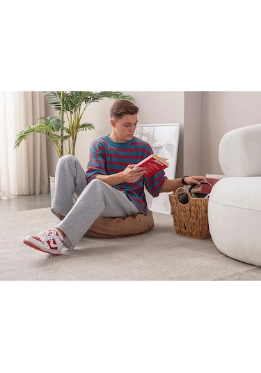 Çok Amaçlı Puantiyeli Keten Yer Bahçe Minderi Fermuarlı İç Dolgulu Yıkanabilir 60x67 Kahverengi