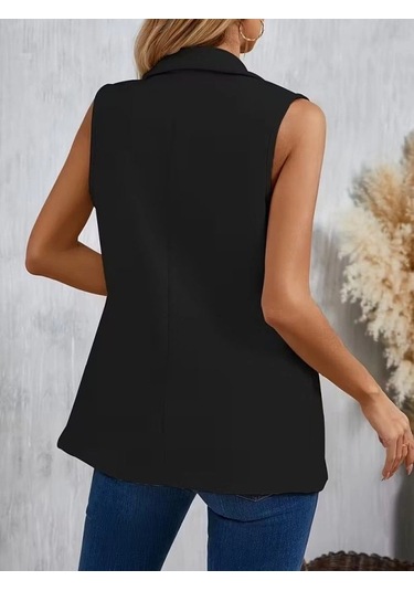 Defymoda Kadın Kolsuz Yakalı Önden Tek Düğmeli Atlas Ceket Siyah