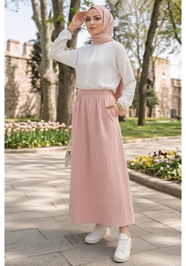 Bestenur Cepli Beli Lastikli Poplin Etek 1727 - Pembe