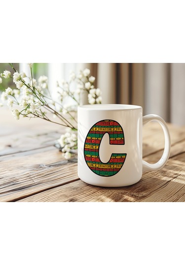 C Harfi Etnik Desenli Kupa - Afrika Tarzı Kahve Çay Kupası - Hediyelik - Black History Beyaz