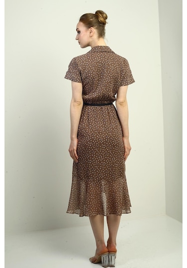 Kadın Kruvaze Yaka Astarlı Çıtır Desen Önü Volanlı Şifon Elbise-40785 Vizon