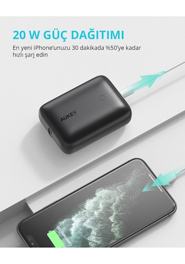Aukey PB-N83S-BK 22.5 W SCP PD Ve QC 3.0 10000 mAh Mini Type-C Powerbank Siyah