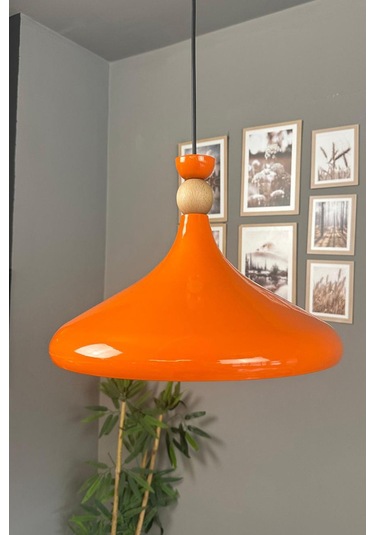 Parlak Turuncu Ahşap Şapka Tekli Avize Sarkıt Salon Mutfak Cafe Butik Lamba Aydınlatma Avizeler Turuncu