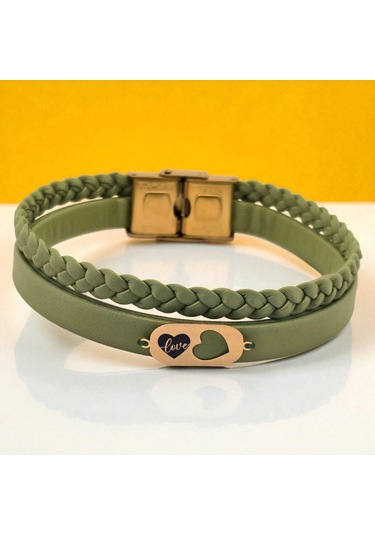 Archin Aşk Temalı Zeytin Yeşili Derili Kalp Motifli 14 Ayar Altın Plakalı Hediye Bileklik-556sembol Aşk