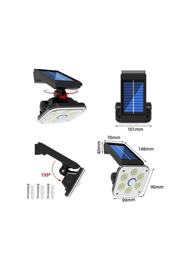 Novahub Güneş Enerjili Döner Bahçe Duvar Lambası, 3 Işık Modu, Ip65 Su Geçirmez, 54 Smd Siyah, Sensörlü Led Aydınlatma Siyah