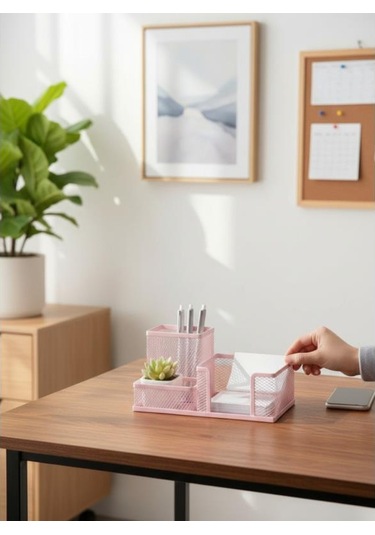 Need Nd-1033 Metal Mesh Masaüstü Organizer 3 Bölmeli, Çok Amaçlı Düzenleyici Pembe