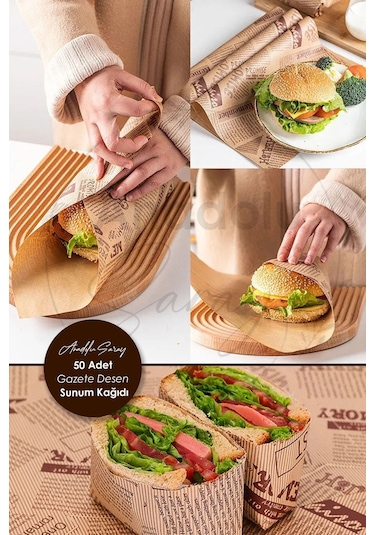 Kendinden Desenli Yağlı Kağıt Vintage Gazete Desen Sunum Kağıdı 50 Adet