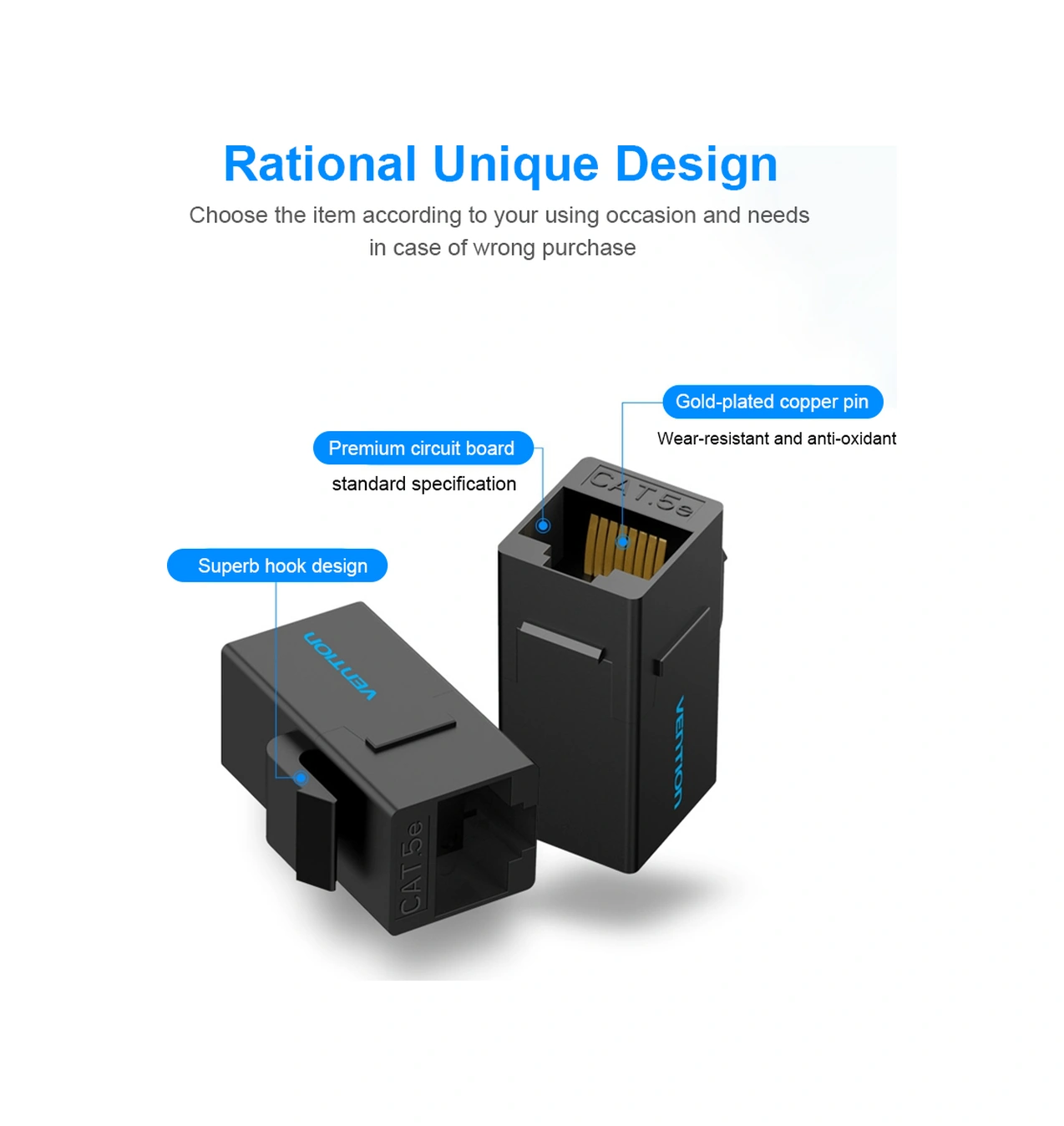 Qingmipy Ventıon Rj45 Ağ Kablosu Çoğaltıcı, Altın Kaplı Pimli Abs Malzeme, Ağ Kablosunu Kolayca Uzatmak İçin Çift Taraflı Bağlayıcı - Siyah