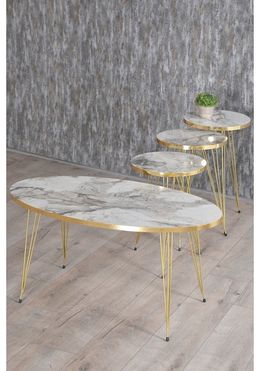 Zigon Sehpa Ve Orta Sehpa Elips Set Gold Efes Tel Ayak