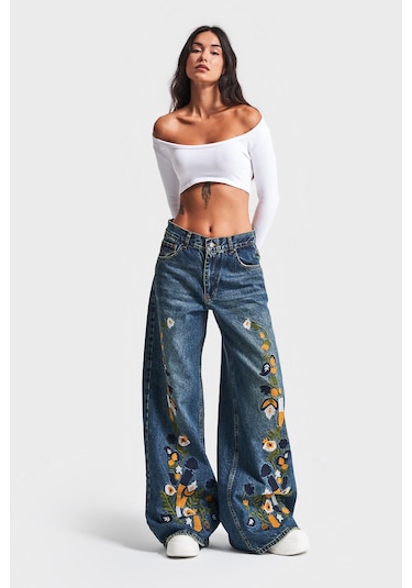 Itsbasic Kadın T.kot Rengi Nakışlı Tasarım Palazzo Fit Denim Jean Kırmızı