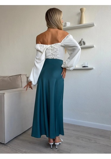 Knitbeat Kadınlar İçin Lastikli Saten Etek 479526530 Zümrüt