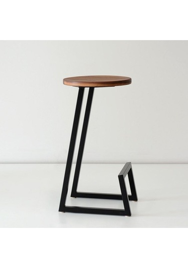 Ayaklı Oval İşlemeli Doğal Ahşap Bar Taburesi Siyah