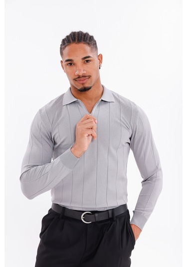 Monox Erkek Yarım Fermuarlı Polo Yaka Triko Kazak Gri