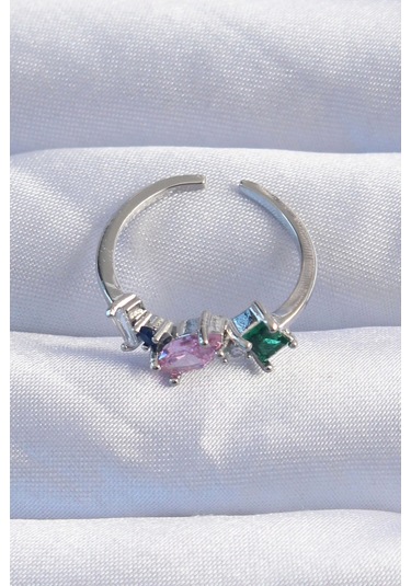 Pirinç Gümüş Renk Renkli Zirkon Taşlı Ayarlanabilir Yüzük Çok Renkli