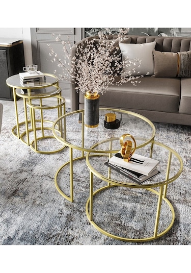 Dekoport Milas Mat Gold Orta Ve Zigon Sehpa Seti - Şeffaf Cam Gold