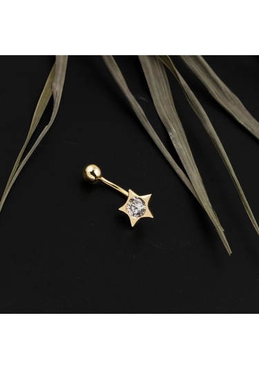 Bilezikci Yıldız Tek Taşlı 14 Ayar Kadın Göbek Piercing Sarı