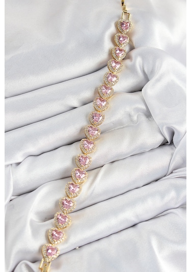 Pirinç Zirkon Taşlı Pembe Kalp Baget Model Gold Renk Vıp Seri Kadın Bileklik - Tj-bb7502 Diğer