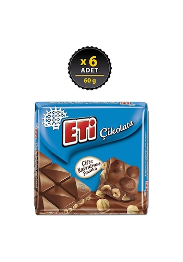 Çikolata Çifte Kavrulmuş Fındıklı Sütlü Kare 60 G X 6 Adet