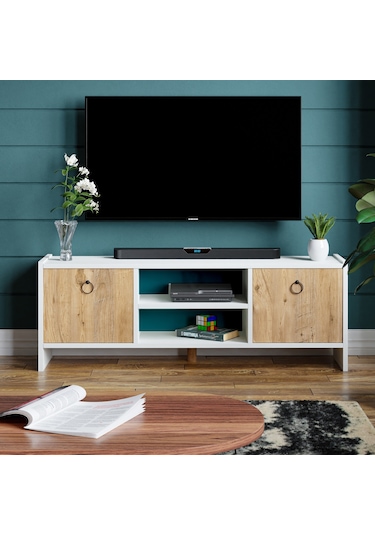 Tv Sehpası Kapaklı Raflı Tv Ünitesi Televizyon Sehpası Beyaz- Çam