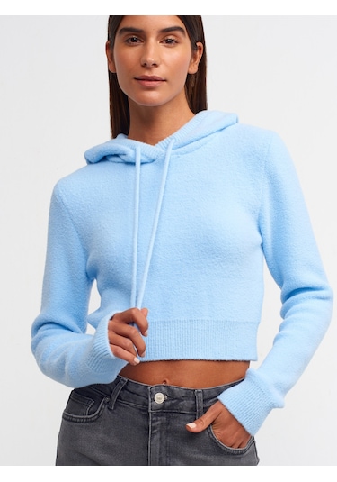 Dilvin Yumuşak Dokulu Kapşonlu Crop Kazak Mavi