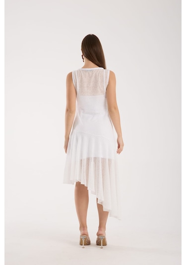 Eteği Volanlı Uzun Elbise Kırık Beyaz