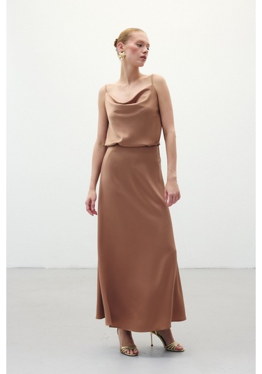 Sateen Uzun Saten Etek - Camel