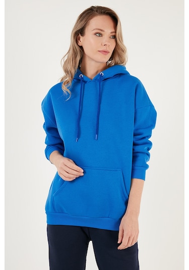 Lela Regular Fit Pamuklu Kapüşonlu Yaka Şardonlu Kışlık Bayan Sweat 5863854 Saks