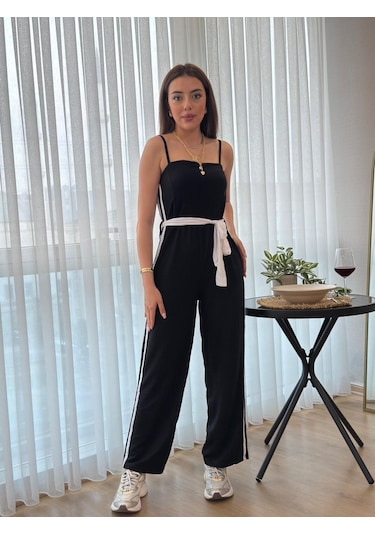 Munn Collection Kadın Ip Askılı Straplez Belden Kuşaklı Viskon Iki Iplik Tulum Siyah