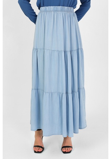 Beli Lastikli Büzgülü Tensel Etek Açık Mavi