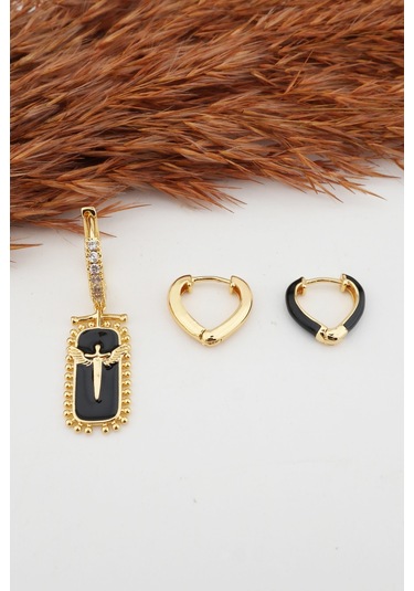 Kadın Kararmaz Mineli Kalp Detaylı Zirkon Küpe Set Altın-M