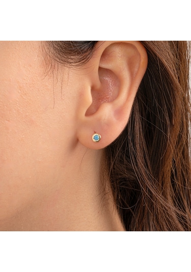 Altın Küpe - 14 Ayar Altın Minimal Firuze Turkuaz Taşlı Küpe Sarı