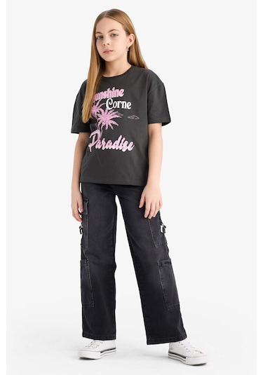 DeFacto Kız Çocuk Relax Fit Bisiklet Yaka Baskılı Kısa Kollu Tişört E0355A825SMAR211