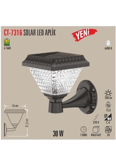 Cata Ct 7316 Solar Duvar Armatür 30w 6400k Beyaz Işık Siyah