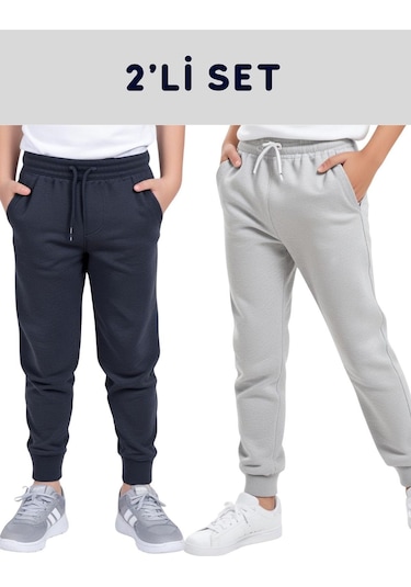 2'lü Düz Baskısız Jogger Çift Cepli Çocuk Eşofman Altı Füme - Gri