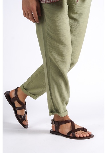 Sur Sandalet El Yapımı Kösele Erkek Bodrum Sandalet Kahverengi